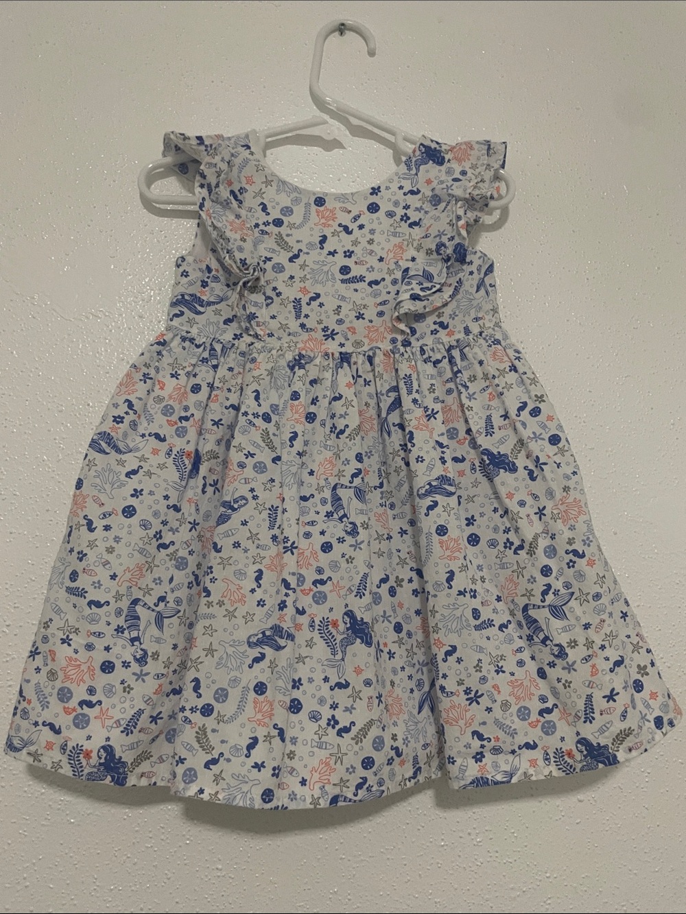 Girls White Dress with Blue & Coral Sea Life Print and Ruffle Sleeves